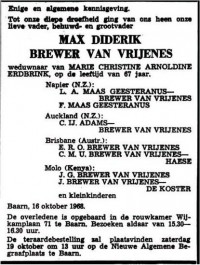 Overlijdensbericht Max Diderik Brewer van Vrijenes (1968)